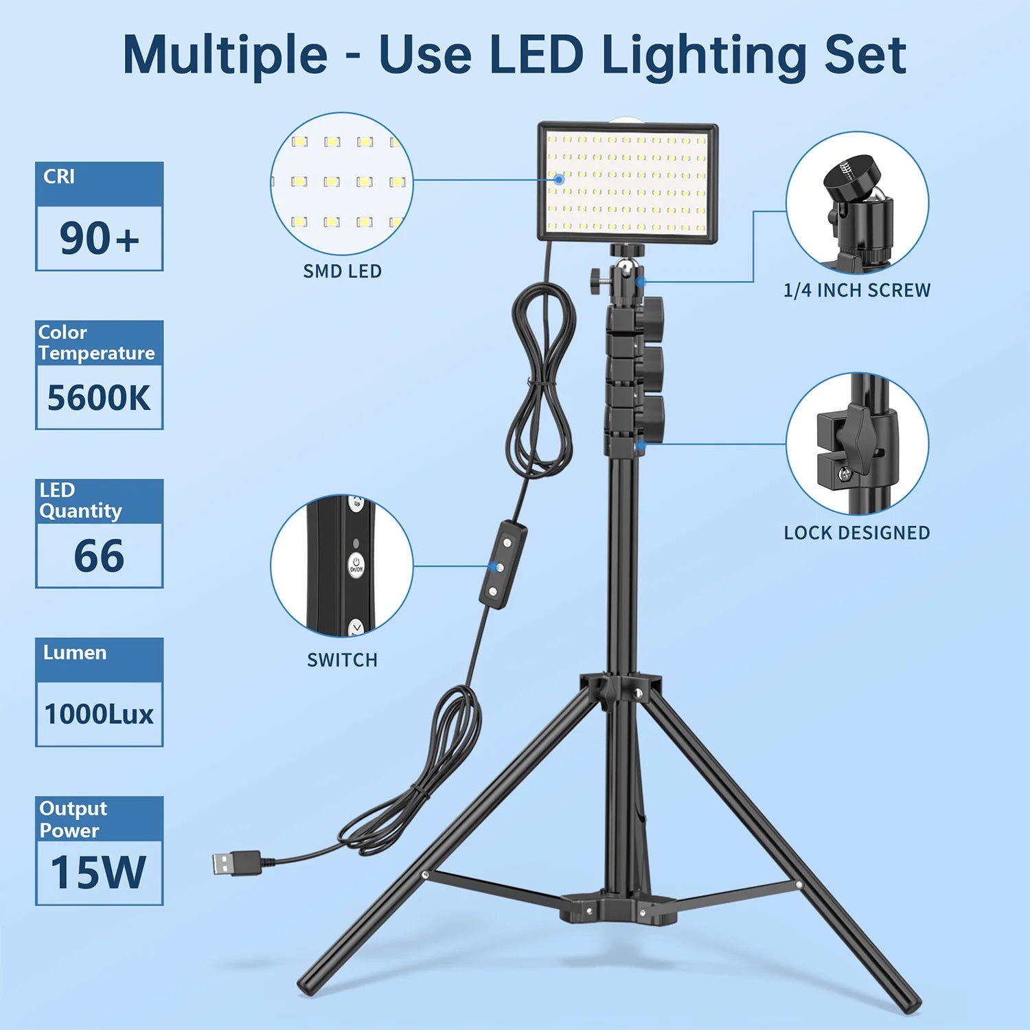 LED Photo Video Light Kit, 2Pcs Remote Control Dimmable USB LED Continuous Light Photography Light with Tripods, 10 Brightness Level and 9 Color Filters for Photo Studios, Youtube, Tiktok