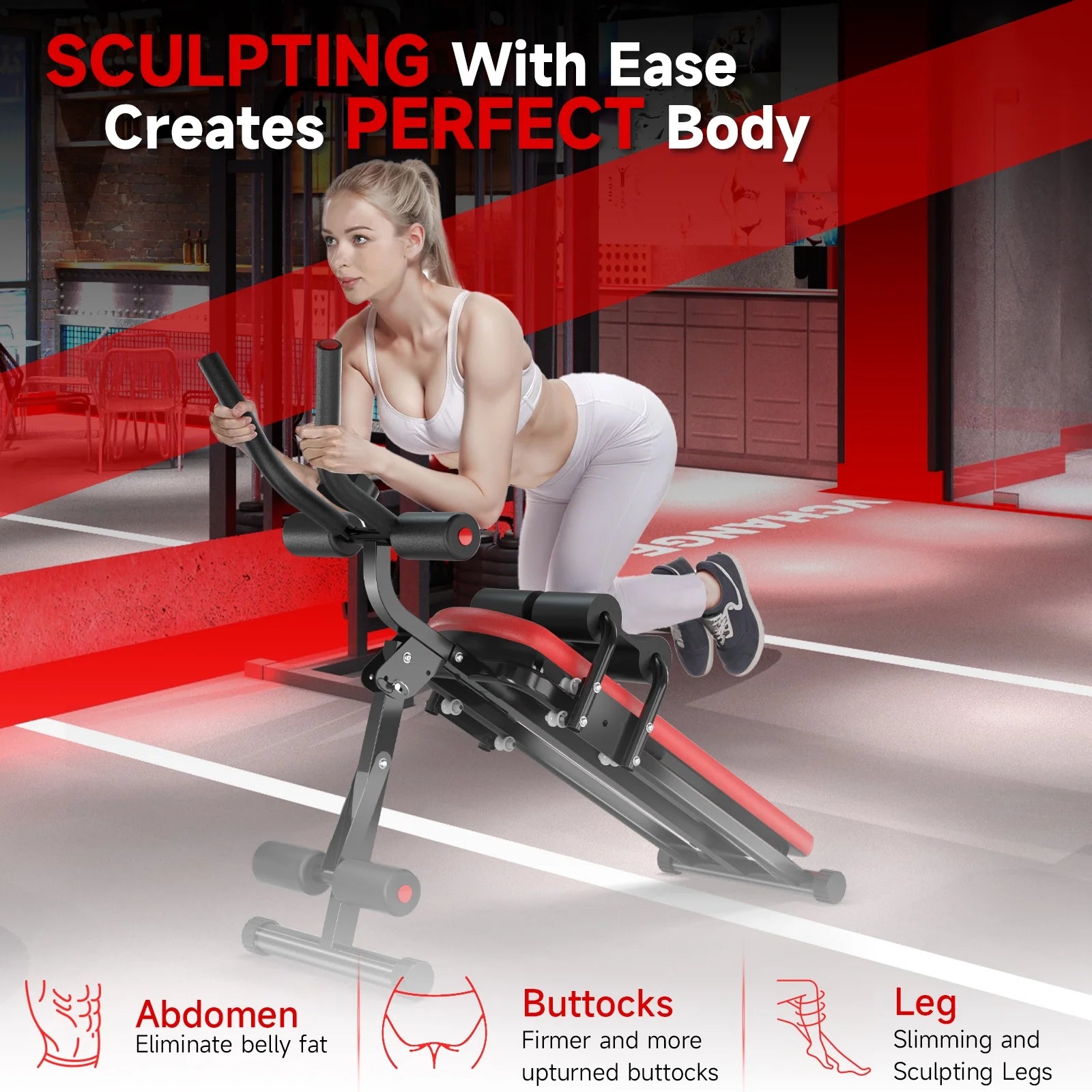 Foldable Ab Machine, Ab Workout Equipment, Abdominal Trainers for Home, LCD Display, Red