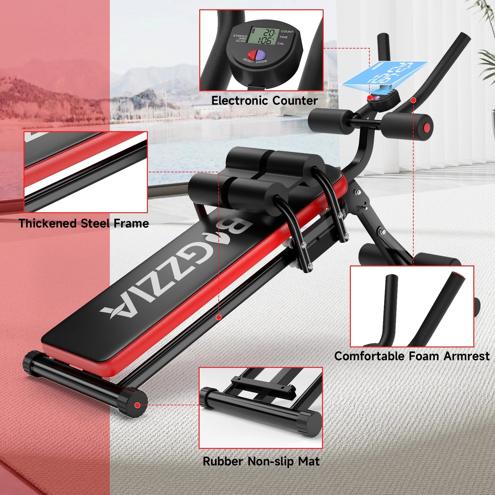 Foldable Ab Machine, Ab Workout Equipment, Abdominal Trainers for Home, LCD Display, Red