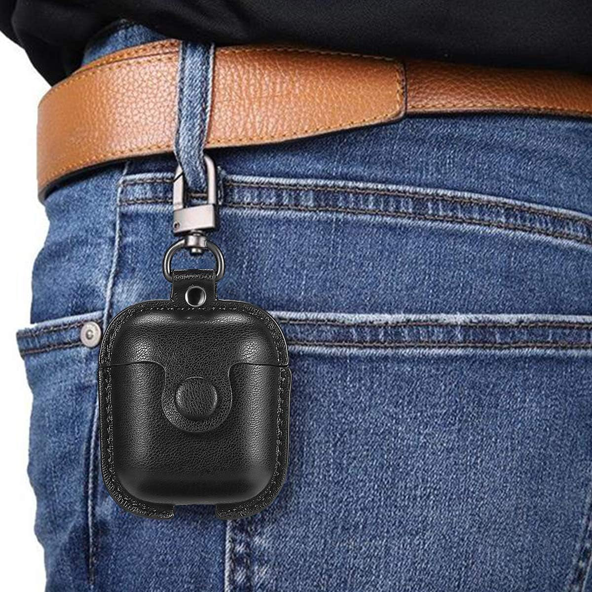 for Airpods Case Cover, Airpods 2 Case Leather Gen 2 Protective Cover with Keychain/Ear Hooks/Airpods Strap/Watch Band Holder/Earpods Case Compatible with Apple Airpods 2Nd 1St Generation,Black