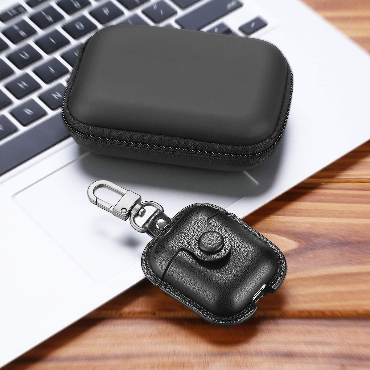 for Airpods Case Cover, Airpods 2 Case Leather Gen 2 Protective Cover with Keychain/Ear Hooks/Airpods Strap/Watch Band Holder/Earpods Case Compatible with Apple Airpods 2Nd 1St Generation,Black