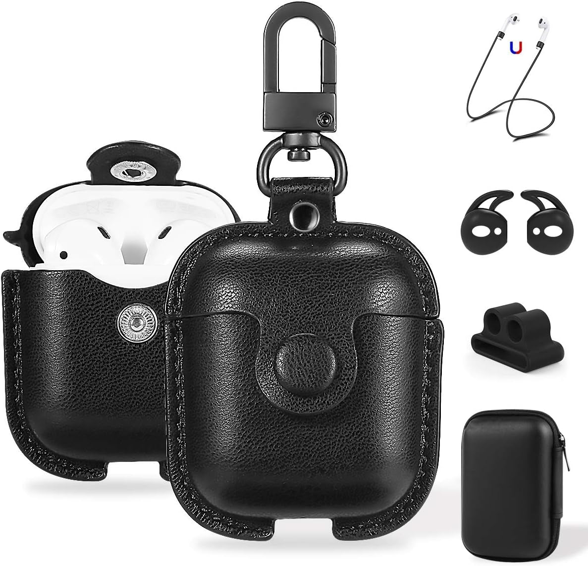 for Airpods Case Cover, Airpods 2 Case Leather Gen 2 Protective Cover with Keychain/Ear Hooks/Airpods Strap/Watch Band Holder/Earpods Case Compatible with Apple Airpods 2Nd 1St Generation,Black