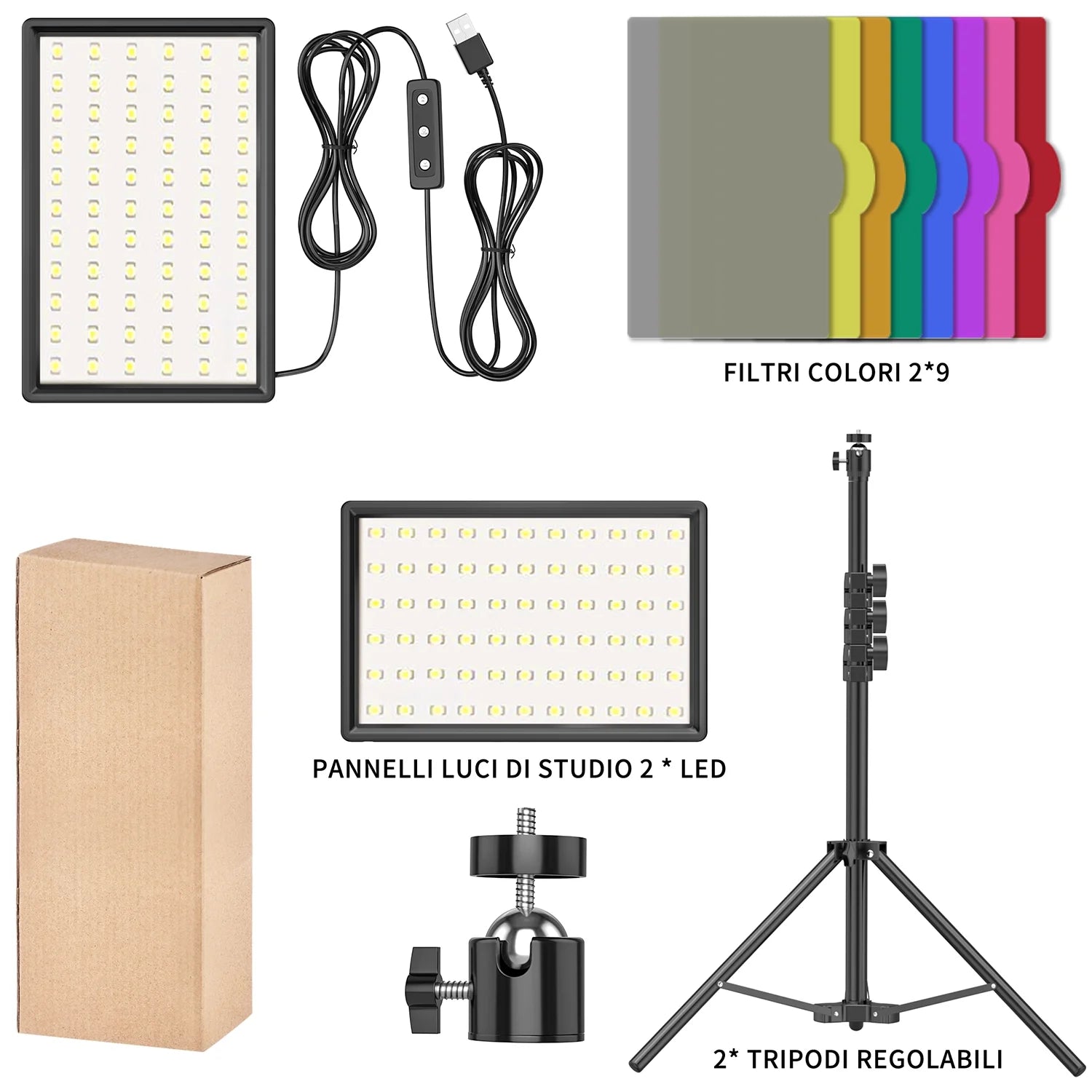 LED Photo Video Light Kit, 2Pcs Remote Control Dimmable USB LED Continuous Light Photography Light with Tripods, 10 Brightness Level and 9 Color Filters for Photo Studios, Youtube, Tiktok