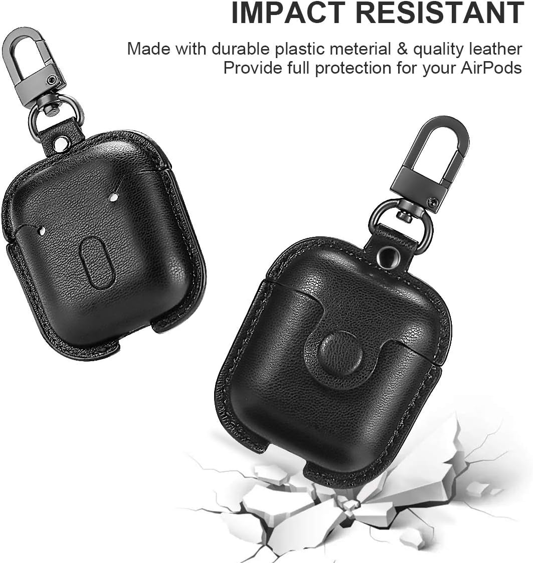 for Airpods Case Cover, Airpods 2 Case Leather Gen 2 Protective Cover with Keychain/Ear Hooks/Airpods Strap/Watch Band Holder/Earpods Case Compatible with Apple Airpods 2Nd 1St Generation,Black